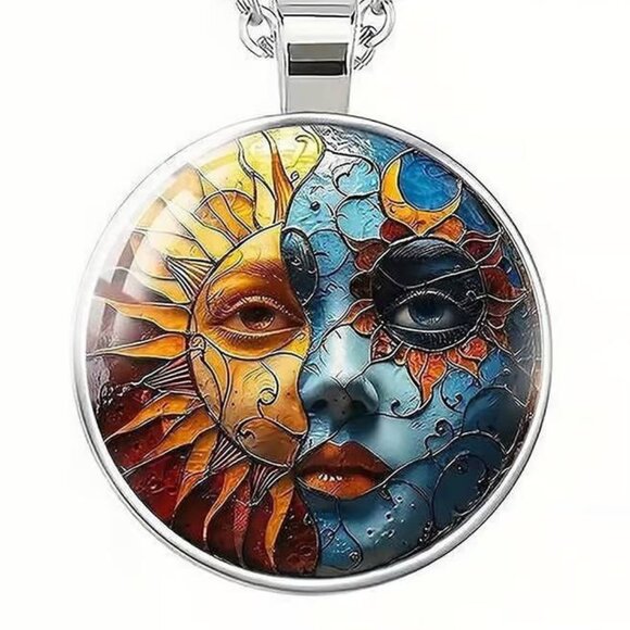 Silver CELESTIAL Sun Moon Glass Cabochon Pendant Necklace - Picture 1 of 3